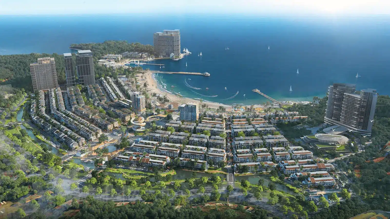 Phối cảnh dự án Xanh Island Cát Bà với không gian xanh mát và bãi biển tuyệt đẹp.