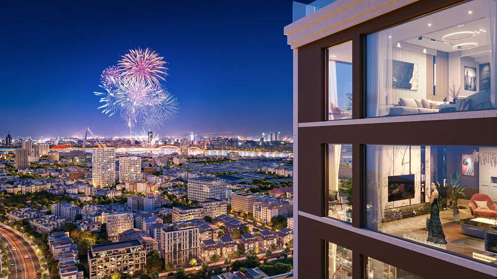 Tận hưởng cuộc sống đẳng cấp tại Sun Costa Residences Đà Nẵng với tầm nhìn thành phố rực rỡ về đêm.