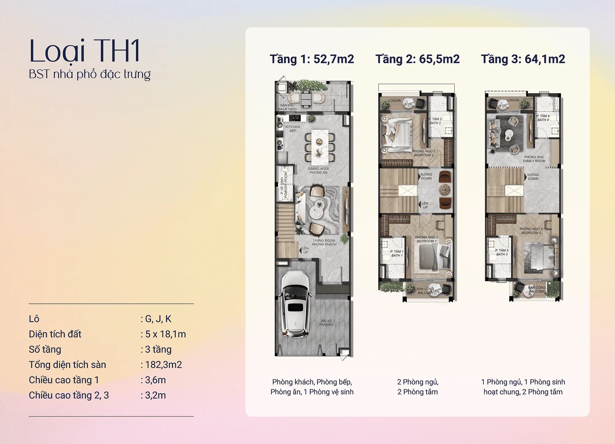 Loại TH1 – Nhà phố đặc trưng 3 tầng, diện tích 182,3m², thiết kế tối ưu cho gia đình nhỏ. Loại TH1 - Nhà phố đặc trưng 3 tầng, diện tích 182,3m², thiết kế tối ưu cho gia đình nhỏ.