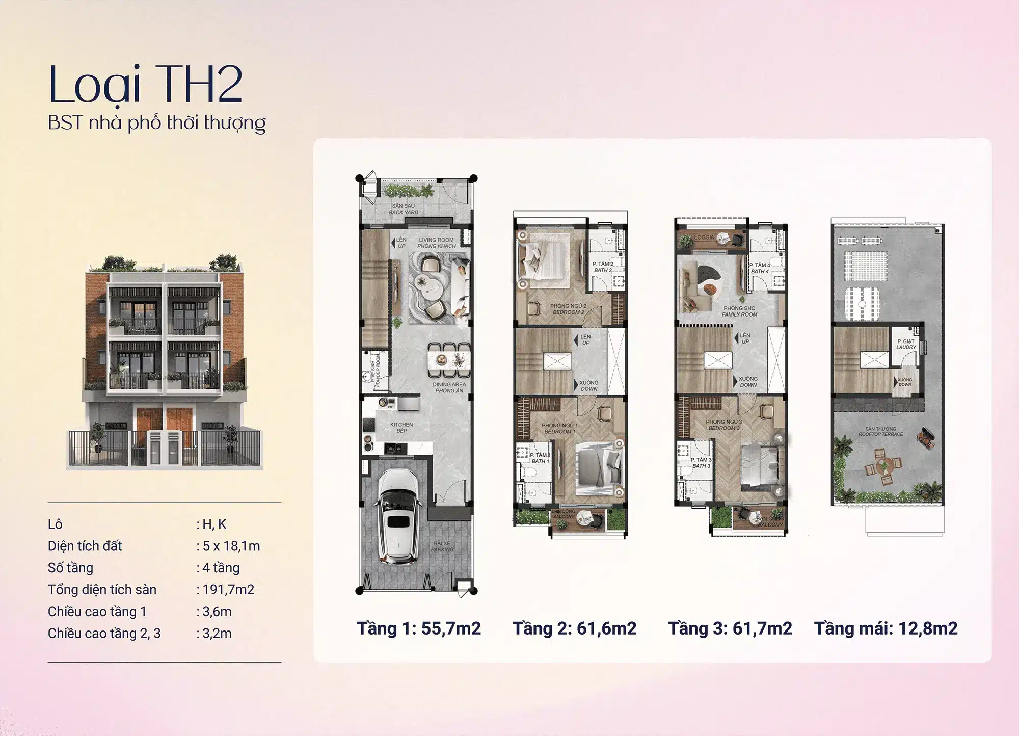 Loại TH2 - Nhà phố thời thượng 4 tầng, diện tích 191,7m², thiết kế hiện đại với tầng mái tiện ích.