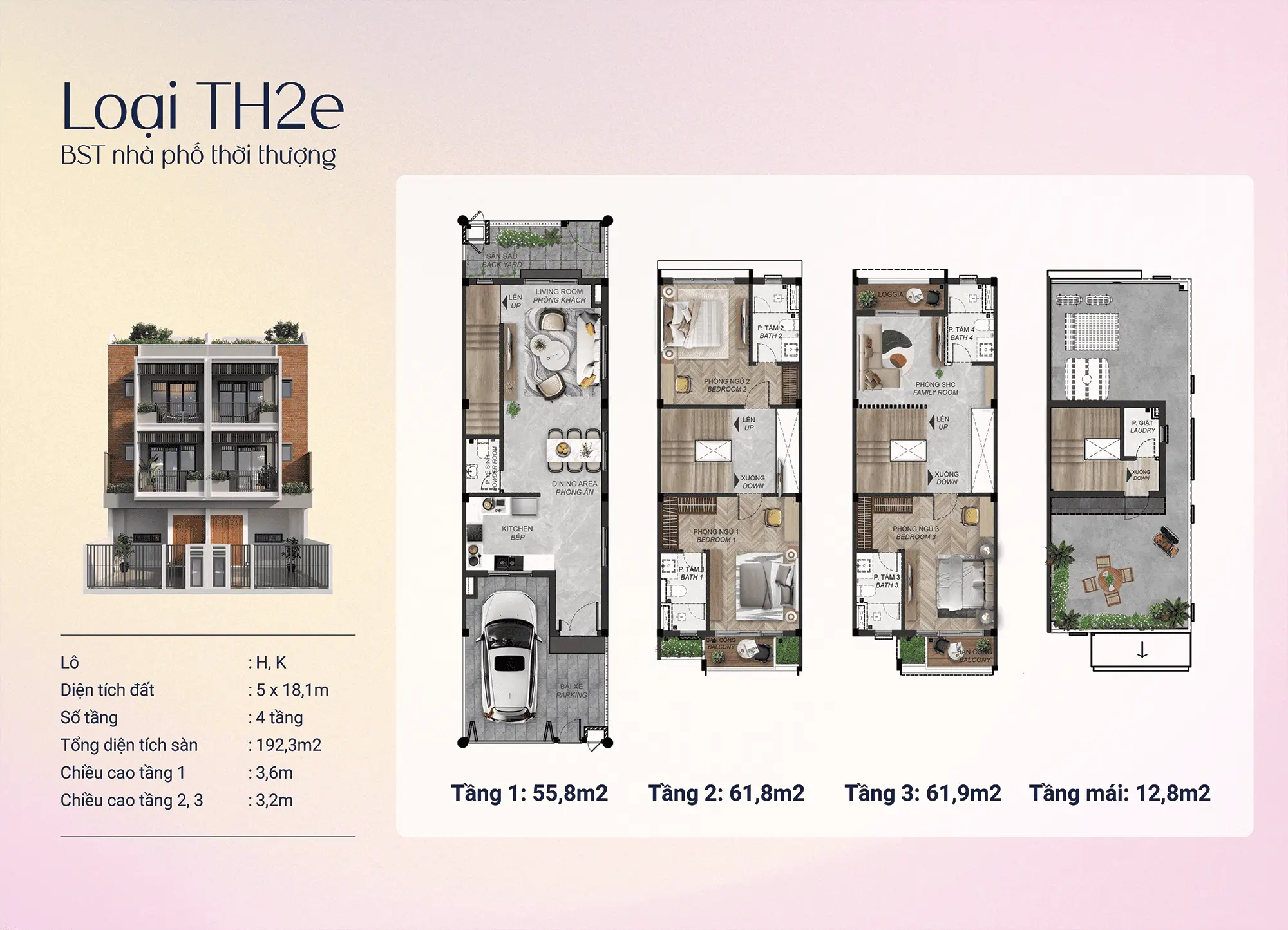 Loại TH2e - Phiên bản nâng cấp 192,3m², bố trí tối ưu không gian, phù hợp gia đình hiện đại.