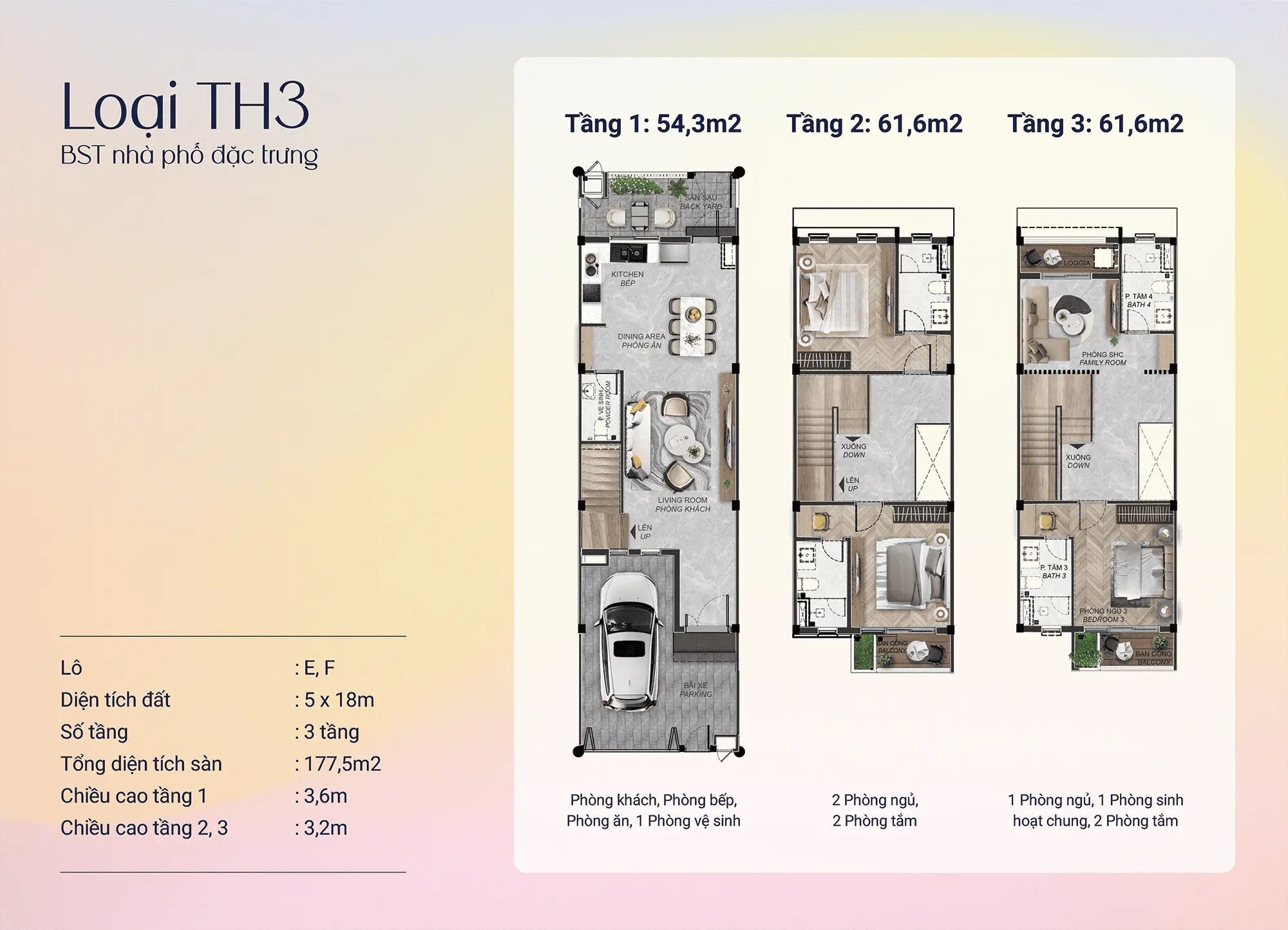 Loại TH3 – Thiết kế 177,5m² tại lô E, F, bố trí thông minh, tận dụng tối đa không gian sống. Loại TH3 - Thiết kế 177,5m² tại lô E, F, bố trí thông minh, tận dụng tối đa không gian sống.