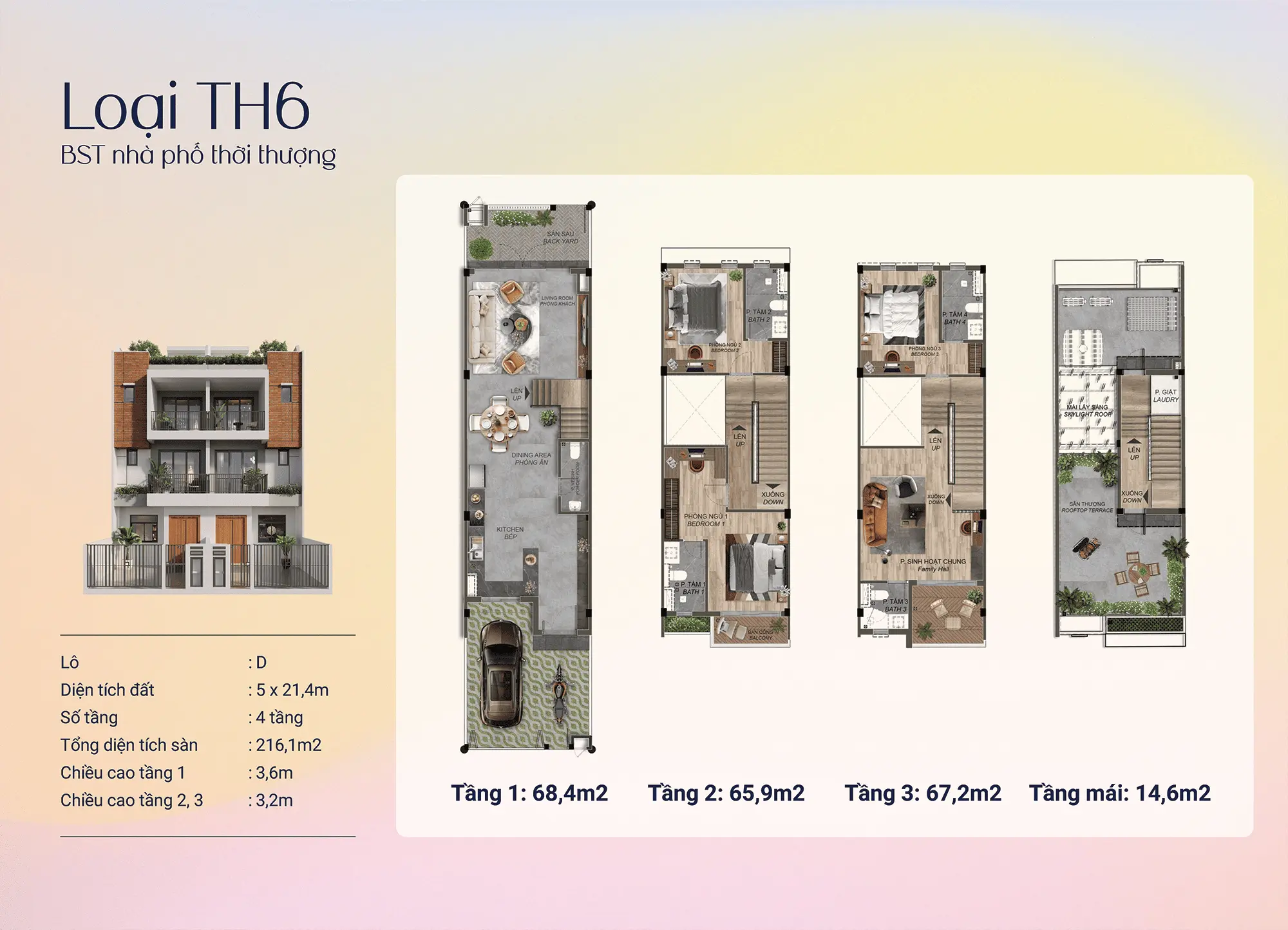 Loại TH6 – Diện tích 216,1m² tại lô D, không gian rộng rãi, thiết kế thông minh 4 tầng. Loại TH6 - Diện tích 216,1m² tại lô D, không gian rộng rãi, thiết kế thông minh 4 tầng.