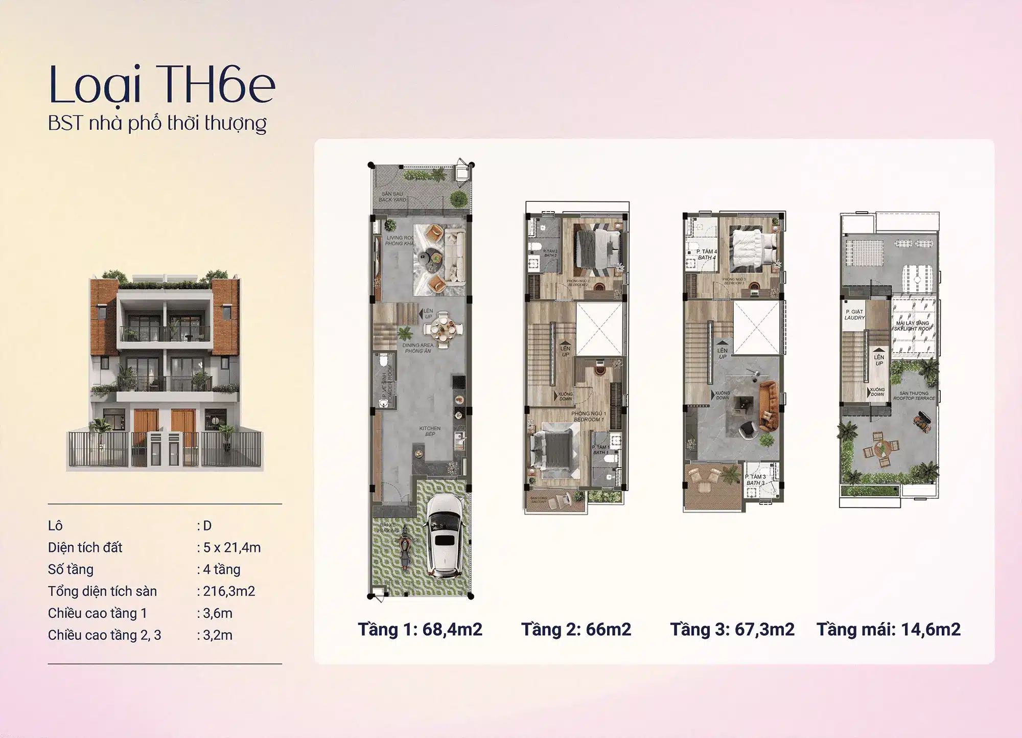 Loại TH6e – Phiên bản mở rộng 216,3m², tầng mái 14,6m² tạo không gian thư giãn lý tưởng. Loại TH6e - Phiên bản mở rộng 216,3m², tầng mái 14,6m² tạo không gian thư giãn lý tưởng.