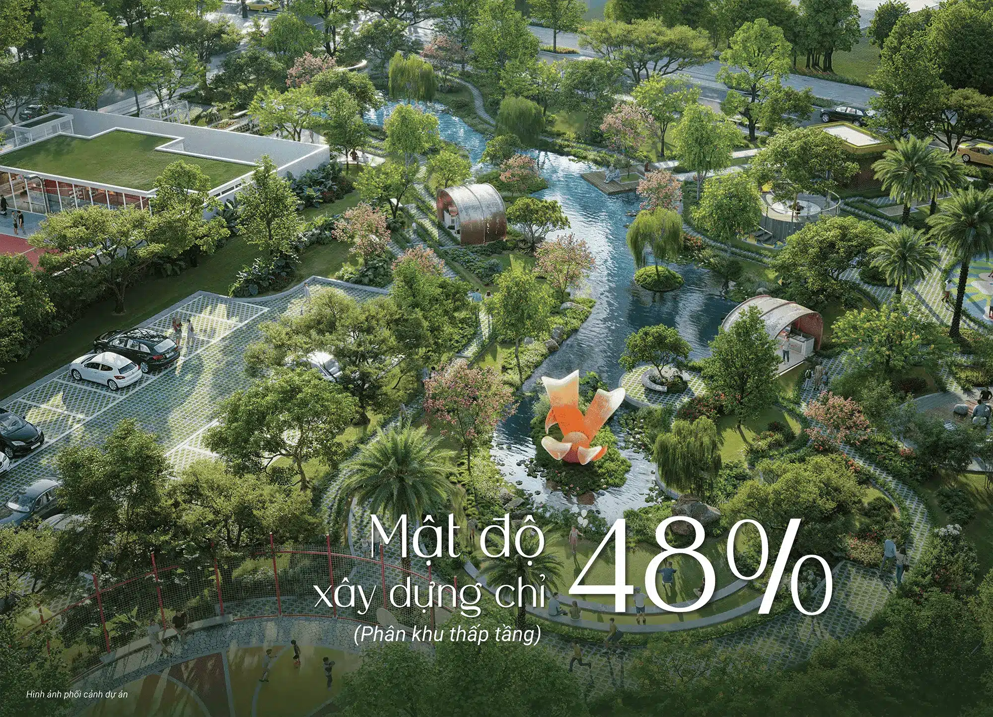 Mật độ xây dựng chỉ 48% - Tận hưởng 52% không gian cảnh quan xanh với sông suối, công viên và tiện ích resort.