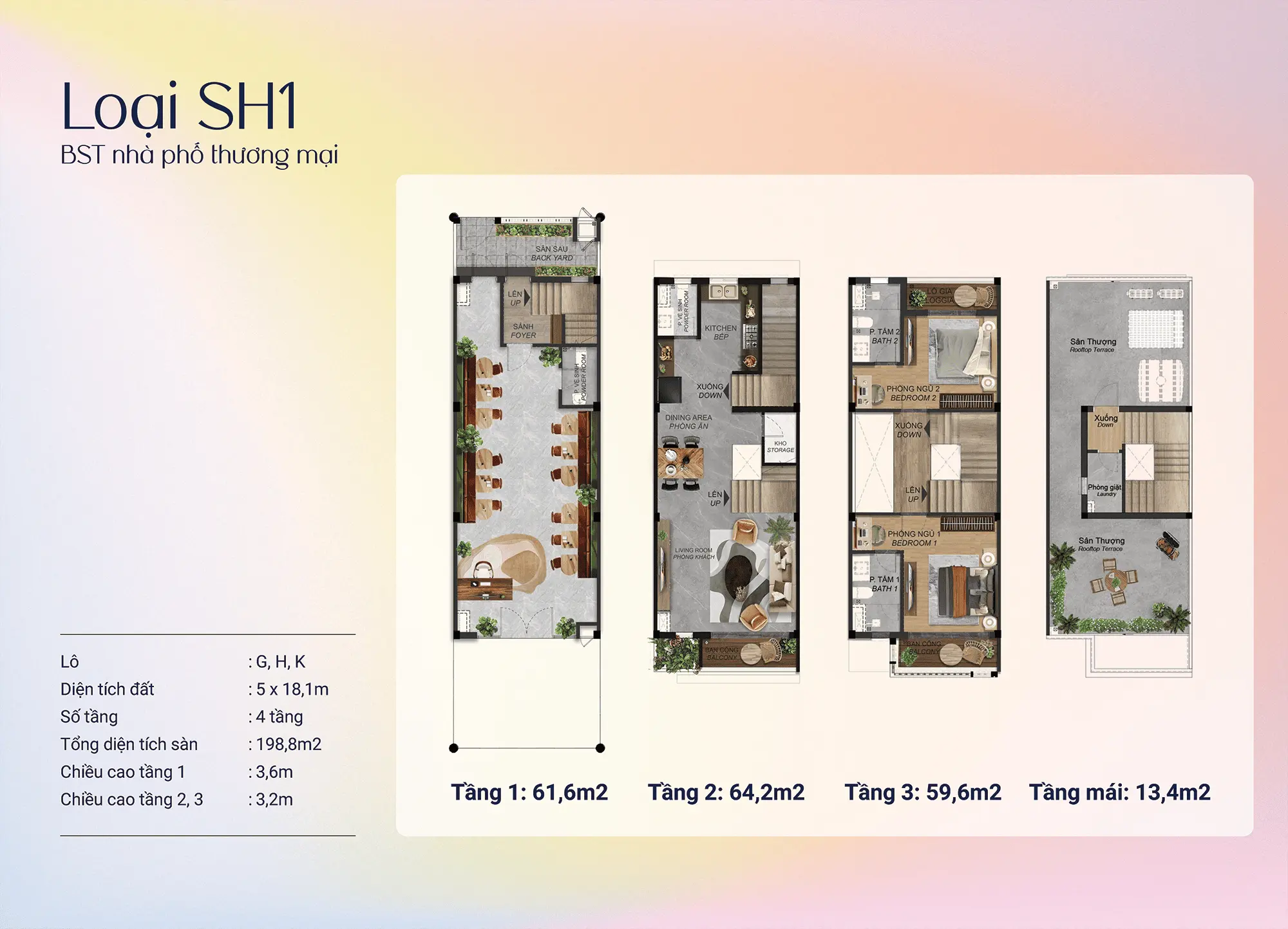 Nhà phố thương mại SH1 - 4 tầng với tổng diện tích 198,8m². Tầng 1 kinh doanh, tầng 2-3 sinh hoạt gia đình, tầng mái thư giãn. Thiết kế tối ưu cho cả ở và kinh doanh.
