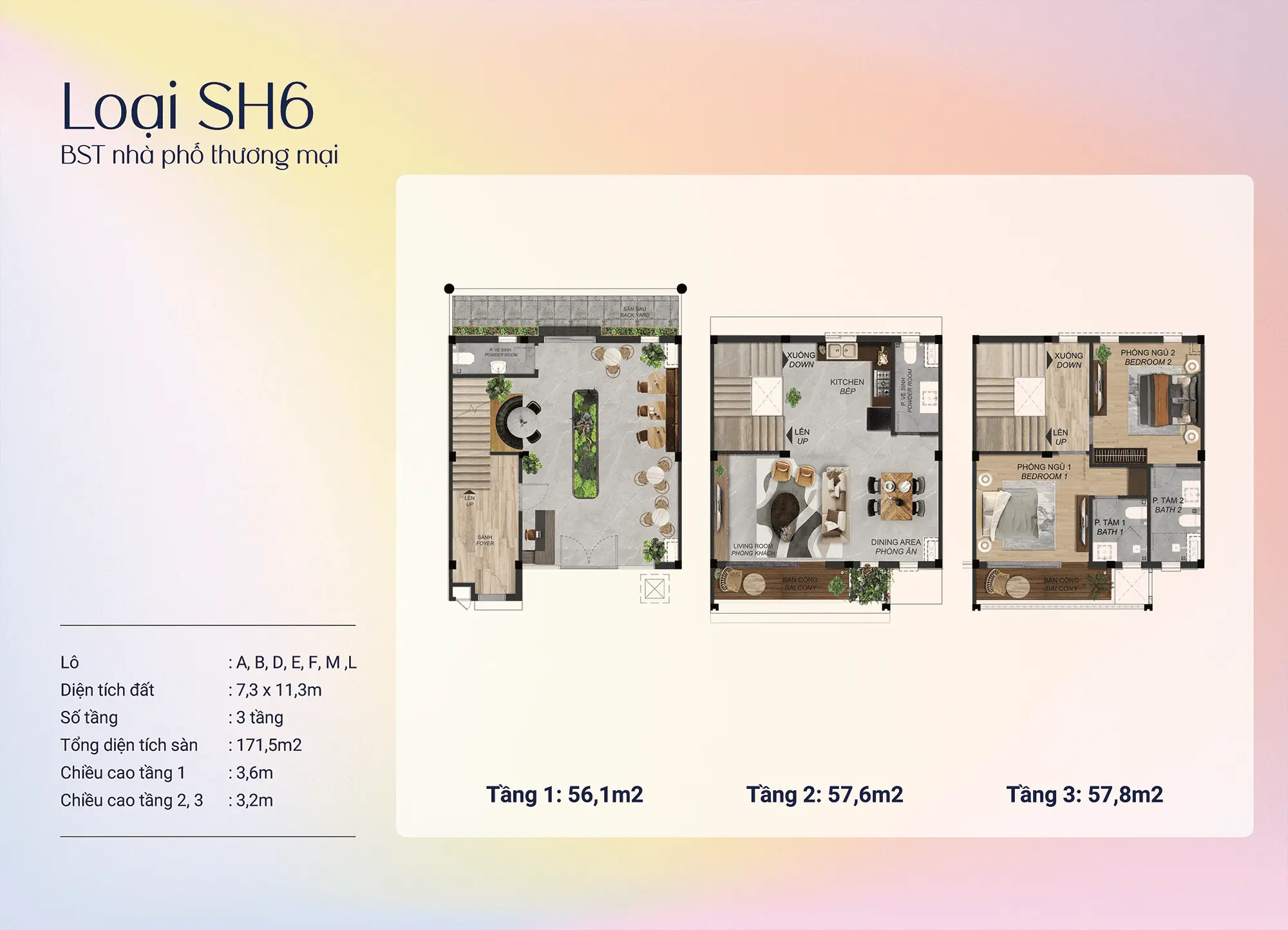 Nhà phố thương mại SH6 - 3 tầng gọn gàng 171,5m². Thiết kế thông minh cho gia đình trẻ khởi nghiệp, tầng 1 kinh doanh hiệu quả, không gian sống tiện nghi.