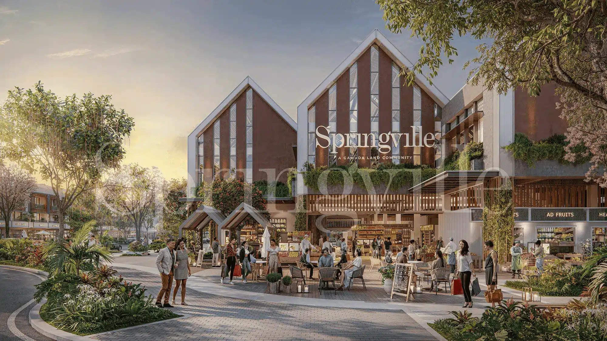 Spring Market - Trái tim thương mại Springville với 400 gian hàng đa dạng. Kiến trúc mái liên hoàn độc đáo, không gian mua sắm sôi động.